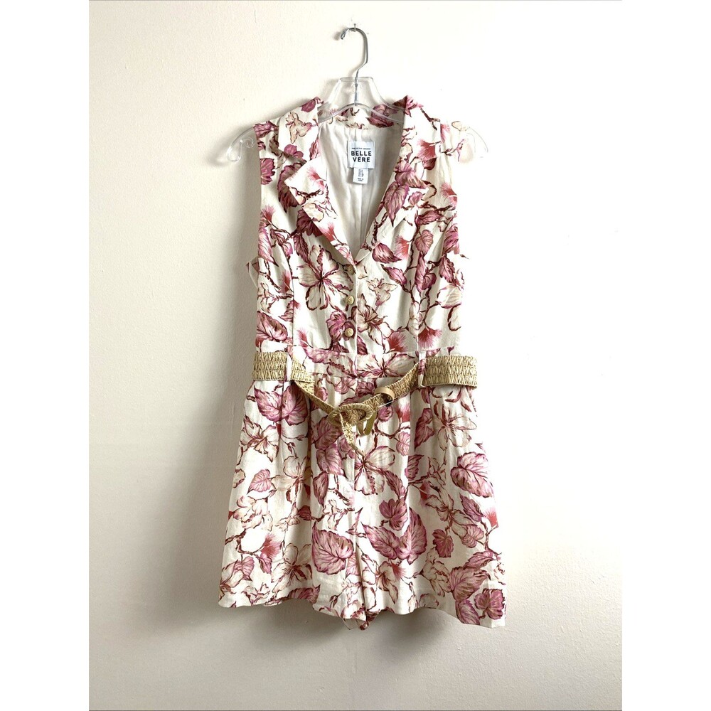Belle Vere Floral Romper Size 6 Pink White Linen Blend Vacation Resort Beach